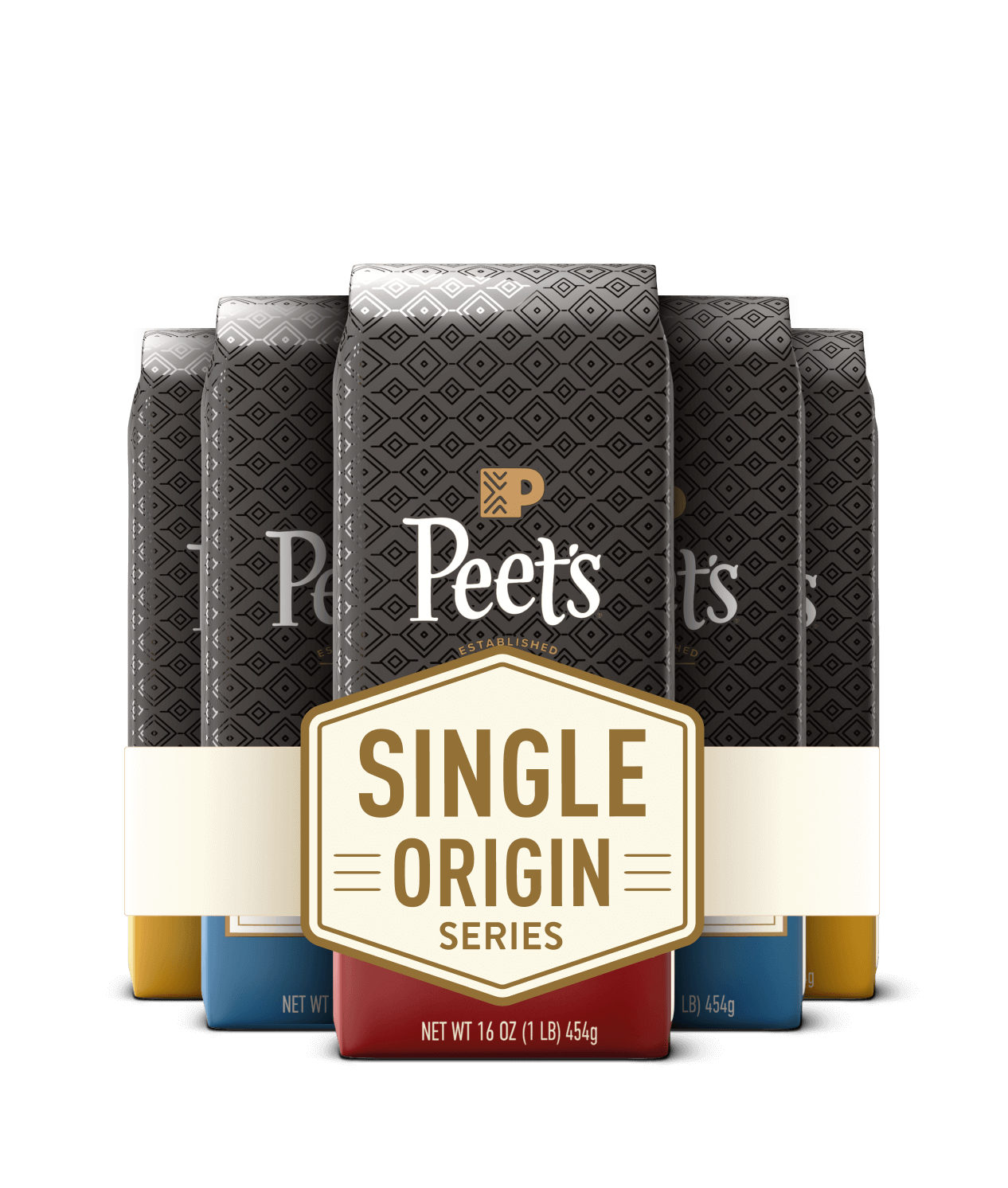 Peet's coffee Single origin series subscription badge with multi colored Peet's coffee bags behind the badge